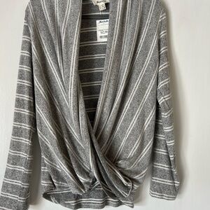Monteau Gray and White Striped V-Neck Sweater